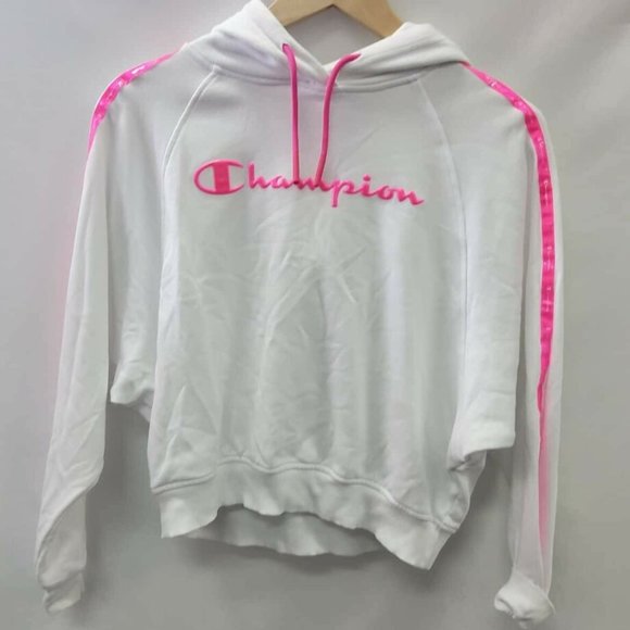 CHAMPION White Pink Stripe Tape Winter Cropped Hoodie Sweater Jumper - Picture 8 of 10